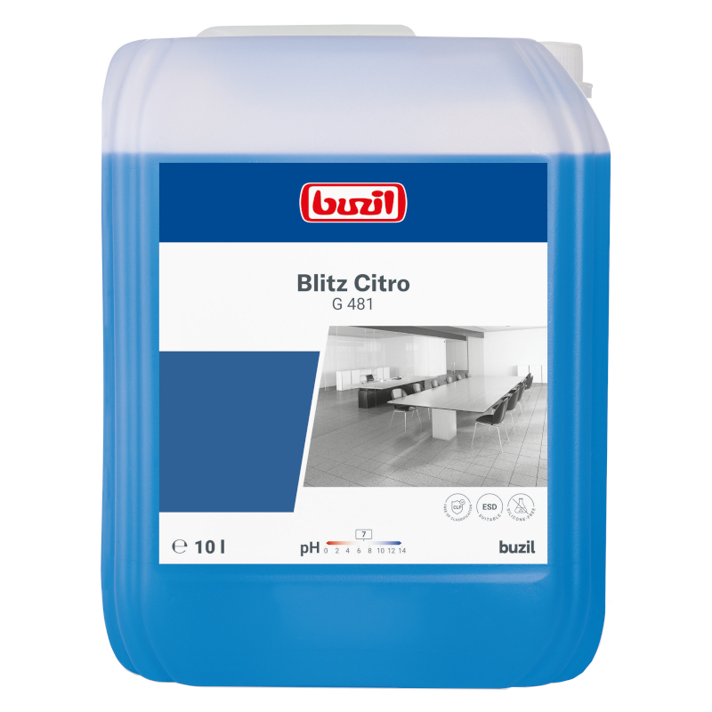 Seitliche Ansicht eines Kanisters des Buzil Blitz Citro - Alkohol-Universalreinigers.